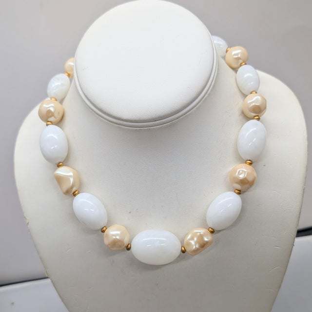 Metal Vintage 1980s Signed Givenchy Goldtone White Beaded Faux-Pearl Necklace For Sale - Image 7 of 9