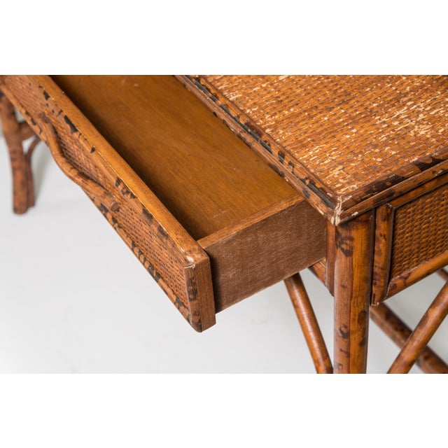 Wood Pagoda Writing Desk British Colonial Style Rattan & Grasscloth For Sale - Image 7 of 10