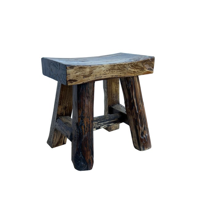 Rustic Raw Rough Wood Grain Rectangle Slim Stool Bench Side Table For Sale - Image 4 of 6