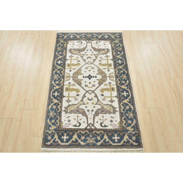 Tribal Oushak Rug 3’1” X 5’1” Ivory Wool Tribal Hand-Knotted Oriental Carpet For Sale - Image 3 of 11
