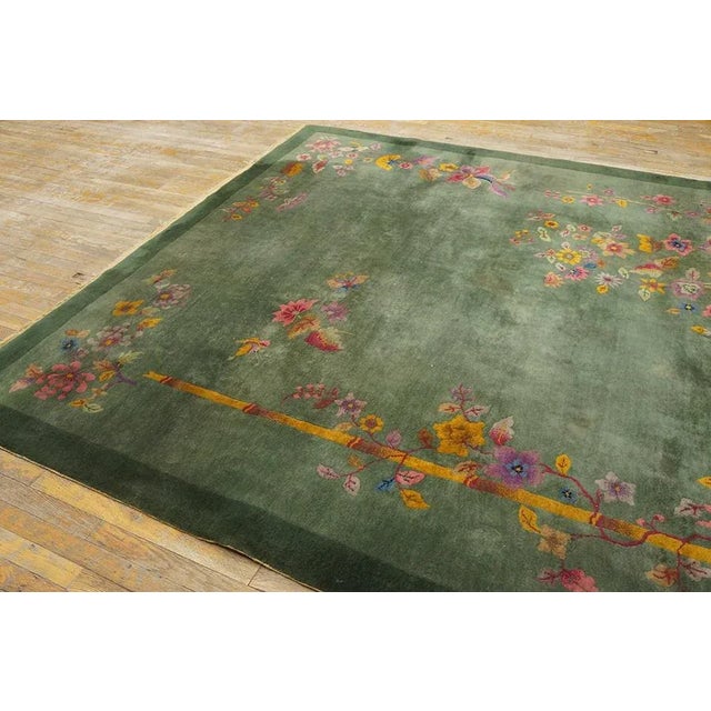 Asparagus 1920s Green Floral Bamboo Antique Chinese Art Deco Carpet 7' 10'' X 9' 7'' Knotted Wool Rug For Sale - Image 8 of 11