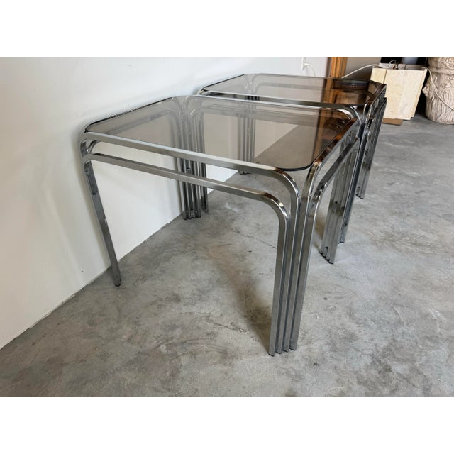 1970s Mid-Century Modern Chrome and Smoked Glass Side Tables – Set of 2/ Sold For Sale - Image 9 of 12