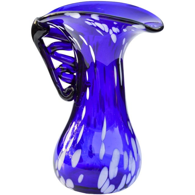 Mid-Century Modern Mid 20th Century Handmade Blue & White Art-Glass Vase With Swirled Handle For Sale - Image 3 of 9