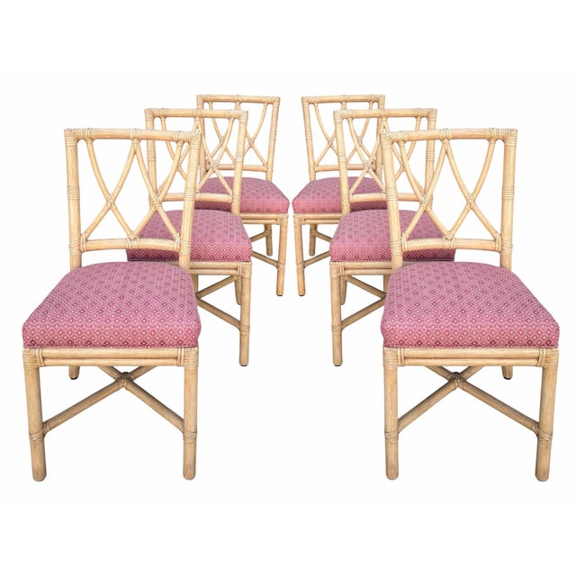 Set of 6 Vintage McGuire Furniture Co Rattan Cross Hatch Lattice Pink Dining Chairs.