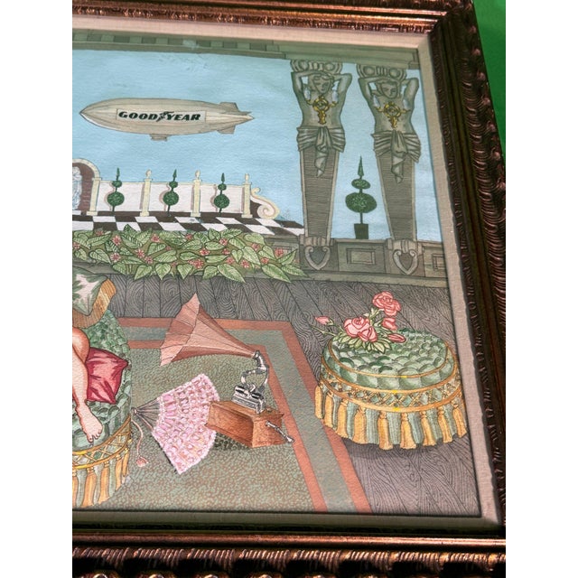 Late 20th Century Deco Revival Watercolor, Terrace With Reclining Nude, Gramophone and Goodyear Blimp For Sale - Image 4 of 6