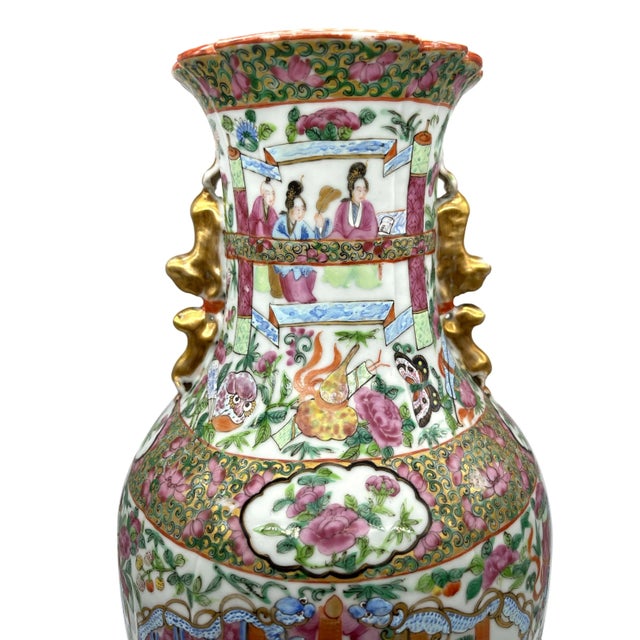 Ceramic Canton Famille Rose Mandarin Vase, Fluted Body and Castellated Top, Ca. 1840 For Sale - Image 7 of 13