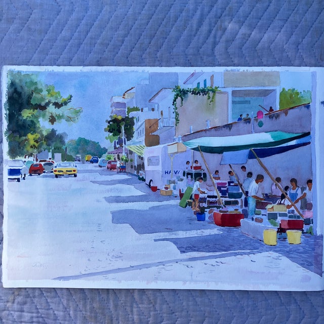 1980’s Original Fishing Village Coastal Sailing Watercolor Painting Double Sided For Sale - Image 4 of 4