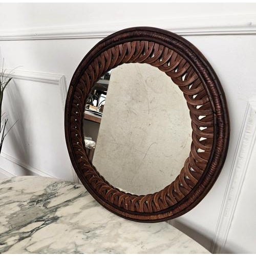 1970s Vintage Italian Round Wood Wall Mirror, 1970s For Sale - Image 5 of 7