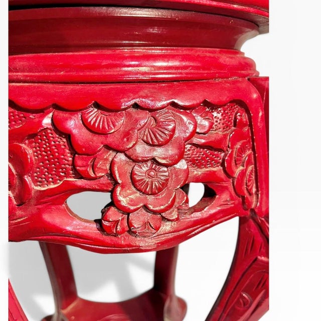 Vintage Chinese Burgundy Red Carved Wood End Table Pedestal For Sale - Image 11 of 18