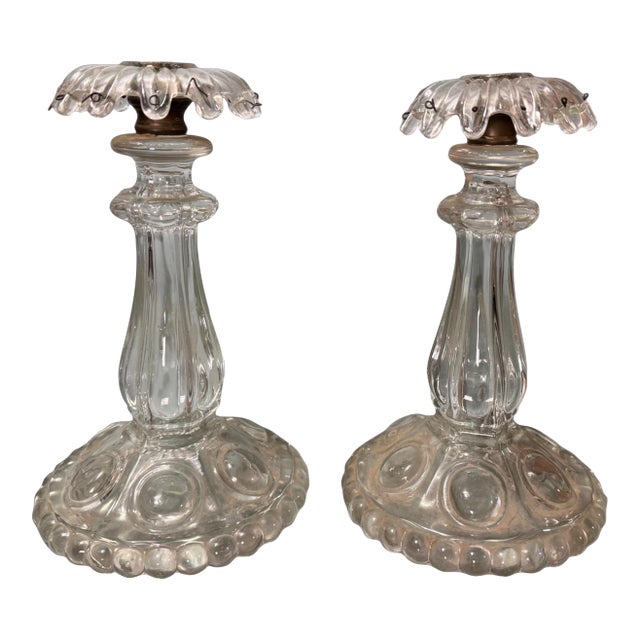 Pair of Vintage Medallion by Baccarat Glass 9" Candlestick Bases W Bobeches For Sale
