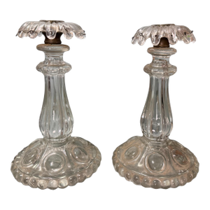 Pair of Vintage Medallion by Baccarat Glass 9" Candlestick Bases W Bobeches