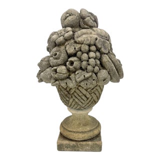 Vintage Classical Cast Stone Fruit & Floral Urn Finial / Garden Basket Sculpture For Sale