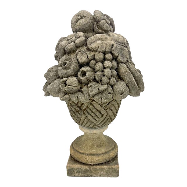 Vintage Classical Cast Stone Fruit & Floral Urn Finial / Garden Basket Sculpture For Sale