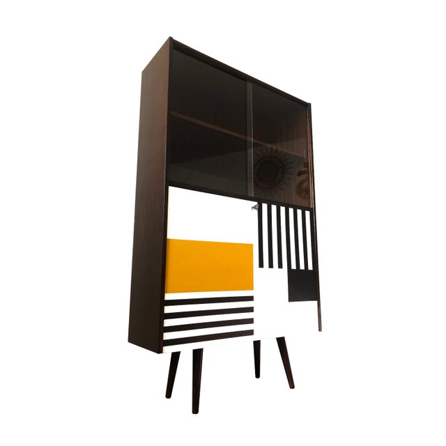 Bookcase with display case and bar, Poland, 1970s Bar with key lock, two wooden shelves inside, contemporatry hand-painted...