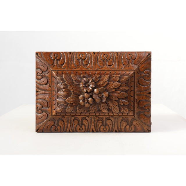 Brown Antique French Sculpted Sewing Box in Oak, 1890s For Sale - Image 8 of 14