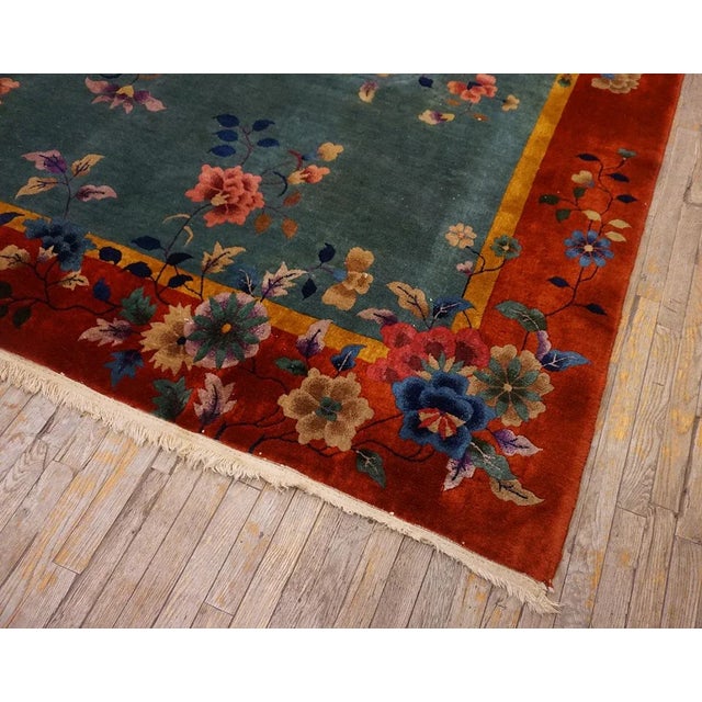 1920s Turquoise Vase Floral Antique Chinese Art Deco Rug 10' 8" X 11' 8" Knotted Wool Carpet For Sale - Image 15 of 15