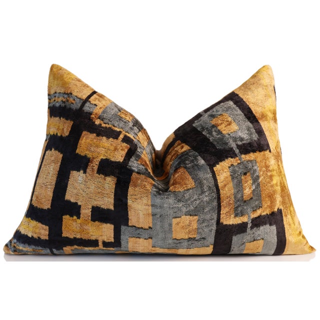 2020s Bronze and Blue Geometric Silk Velvet Pillow 16x24 Handmade Luxury Cushion For Sale - Image 5 of 8