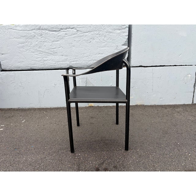 Attributed Artelano Black Leather Arm Side Chair, Italy 1980s For Sale - Image 11 of 14