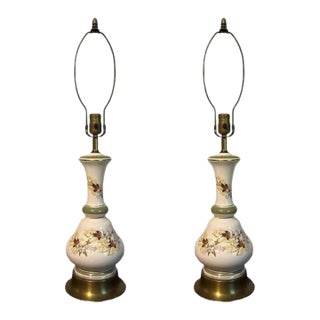Vintage Ceramic Fall Leaves Avacado Greedn & Cream Table Lamps - A Pair For Sale