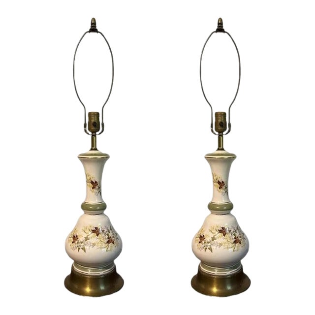 Vintage Ceramic Fall Leaves Avacado Greedn & Cream Table Lamps - A Pair For Sale