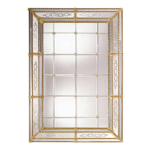 Hand-Engraved Venetian Mirror With Amber Murano Glass For Sale