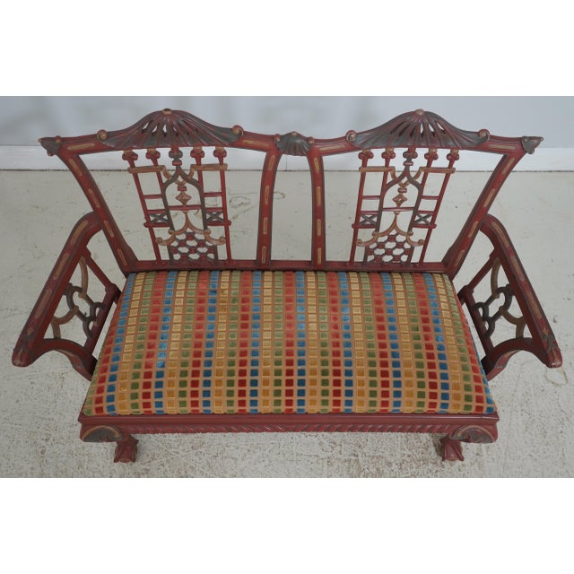 Chinese Chinese Chippendale Style Painted Finish Settee Bench For Sale - Image 3 of 18