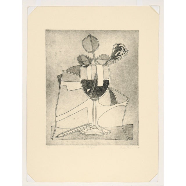 Art nouveau style illustration by Curtis G. Leonardo (American, b. 1960). A rose with a few leaves sits in a wineglass,...