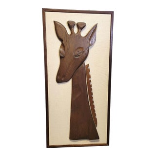 Mid-Century Modern Teak Carved Giraffe Wall Art on Linen Background – 1960s For Sale
