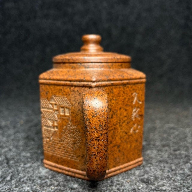 Sculpture Materials Vintage Yixing Zisha Teapot - Hexagonal Clay Teapot With Landscape Motif For Sale - Image 7 of 9