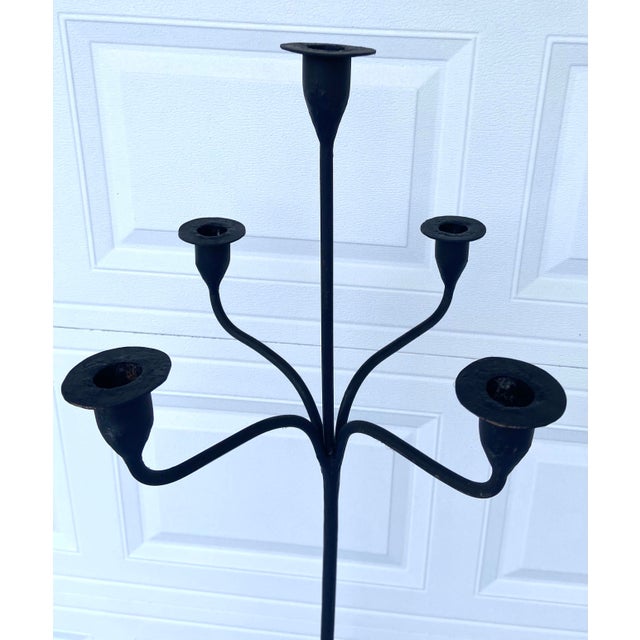 Antique Hand Forged Wrought Iron Candelabras Floor Candle Stands - A Pair For Sale - Image 4 of 5