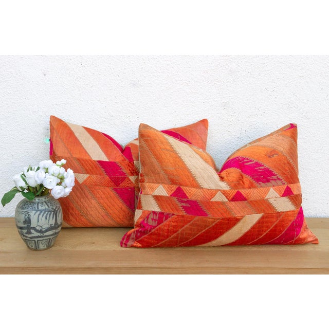 This curated set of two 16x24 inch lumbar pillows represents a profound example of Museum-Grade Phulkari, repurposed from...