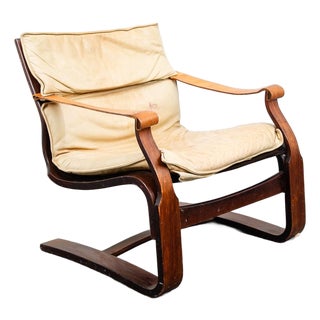 Mid Century Danish Modern Lounge Chair Brown Leather Armchair Tan Saddle Arms For Sale