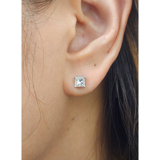 Modern 1.00 Ct Princess Cut Diamond Studs, Pair For Sale - Image 3 of 8