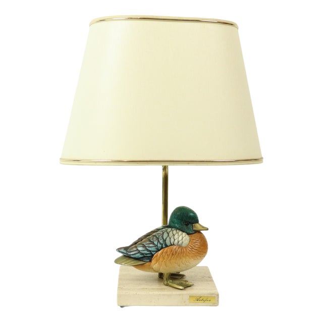 Duck Lamp in Brass, Resin and Travertine by Malevolti by Artiflex, 1970s For Sale