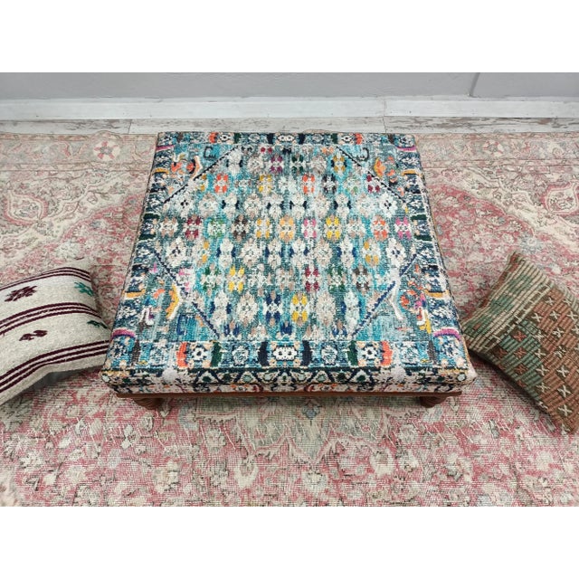 Boho Chic Blue White Rug Print Fabric Upholstered Coffee Table For Sale - Image 3 of 11