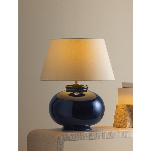 Brass Hudson Valley Lighting Moodus 20 in. 1 Light Table Lamp in Aged Brass and Ceramic Parrish Blue Finish For Sale - Image 8 of 11