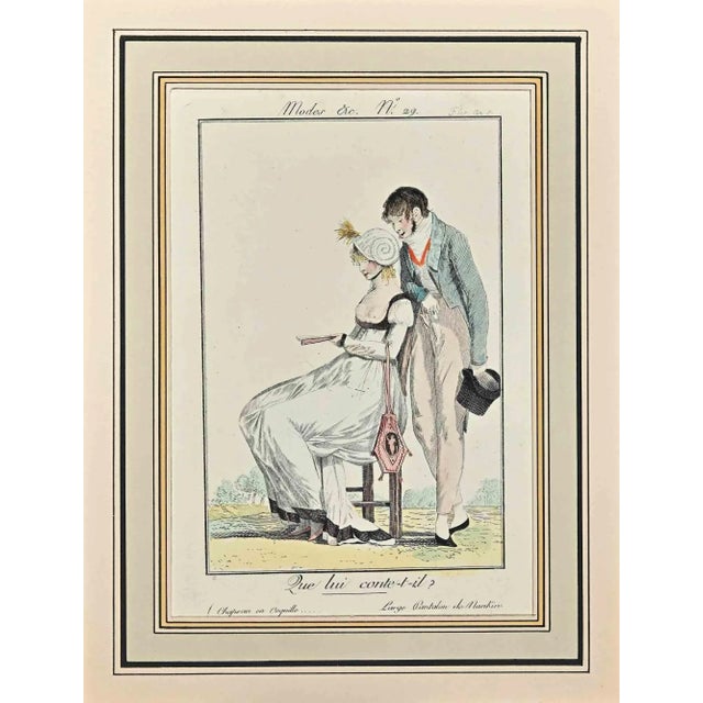 Que Lui Cont-t-Il? is an Original Etching Hand Watercolored series "Costumes Parisiens" published in 1797 by the Journald...