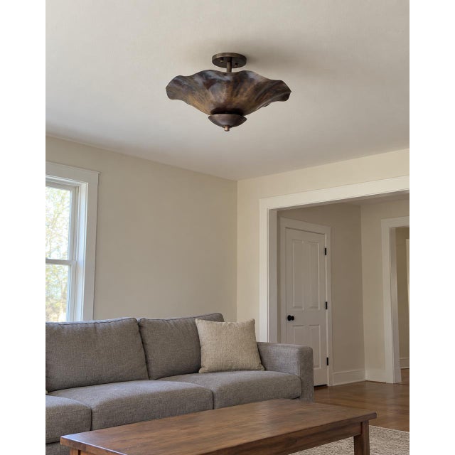 Metal Art Deco Brass Semi Flush Mount Ceiling Light, Handmade Wavy Petal Design, 4 Bulbs For Sale - Image 7 of 9
