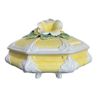 Vintage Glazed Ceramic Majolica Lidded Dish or Vide-Poche Italy For Sale