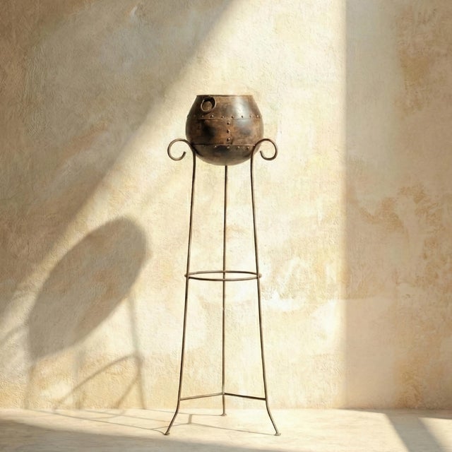 1970s Large Indoor Plant Stand, 47 Inch Tall Metal Floor Urn | Industrial Farmhouse Entryway Decor | Rustic Iron Flower Vase Statement Piece For Sale In Houston - Image 6 of 6