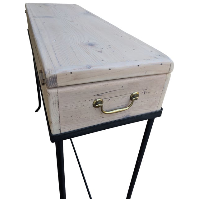 Cream Vintage Pickled Wood and Black Metal Console Table With Trunk Storage For Sale - Image 8 of 16