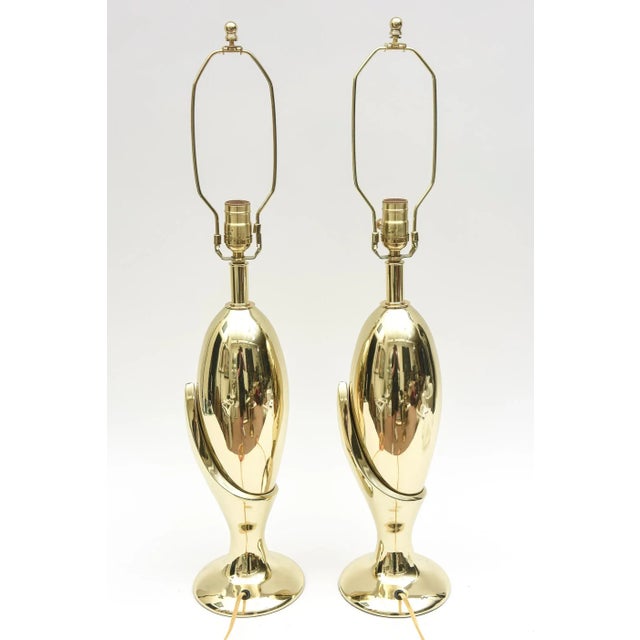 Brass MCM Sculptural Brass Plated Table Lamps Attributed to Laurel Lamp Co. Pair of Restored For Sale - Image 8 of 11