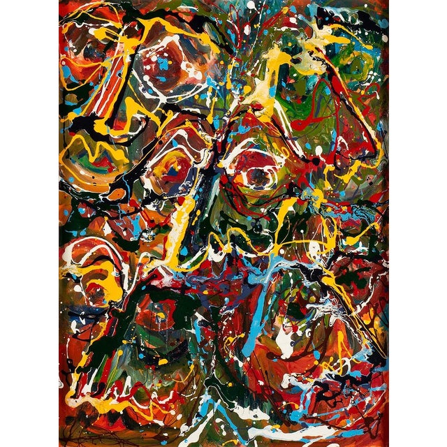 This acrylic on canvas board is signed on the lower right. Colorful abstract images incorporate faces, in the manner of...