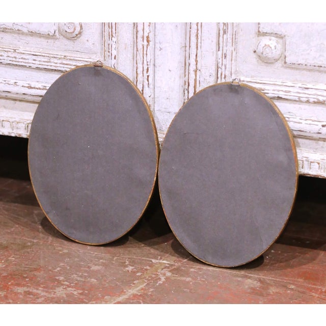 Pair Mid-Century French Painted Genre Scene Oval Glass Pendants in Gilt Frames For Sale - Image 11 of 11