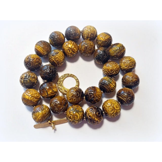 Vintage Carved Tiger's Eye Necklace, Large Carved Natural Tiger Eye Beads, Sterling Silver Gold-Plated Clasp, Statement Necklace For Sale - Image 9 of 9