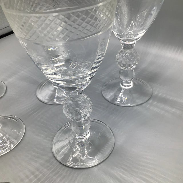 Morgantown "Eton" Water/Wine Goblets Cut Ball Stem, With Cross Hatch Band -Set of 6 Crystal Glasses For Sale - Image 12 of 13