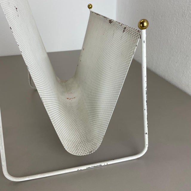 White White Metal Hole Pattern Magazine Holder in the style of Carl Auböck, France, 1950s For Sale - Image 8 of 18