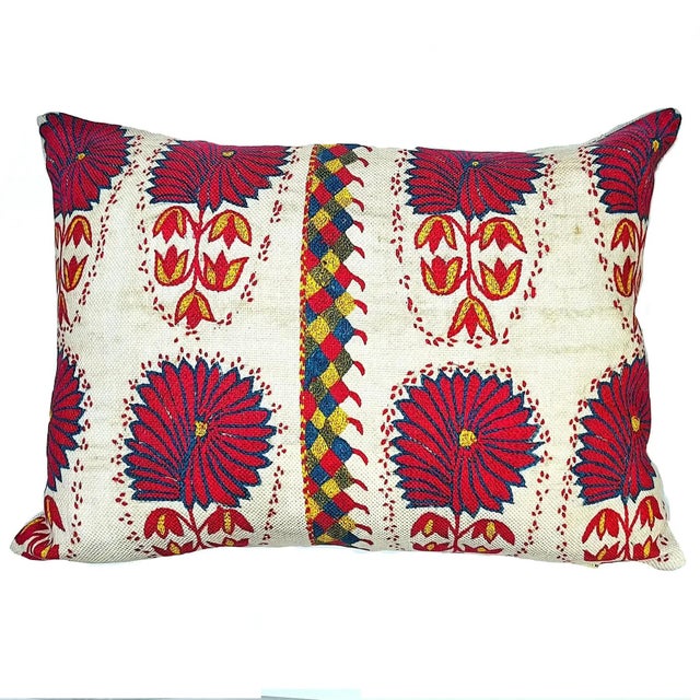 This pair of lumbar pillows are covered in an antique Suzani pattern. Which is newly printed on heavyweight cotton/linen...