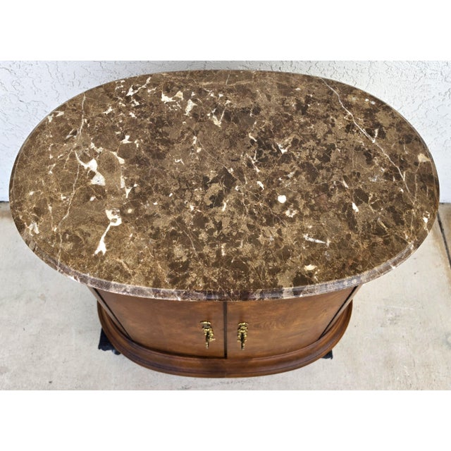 1980s Thomasville Elysse Marble Top Accent Bar Cabinet Center End Table Burl Finish For Sale - Image 5 of 15