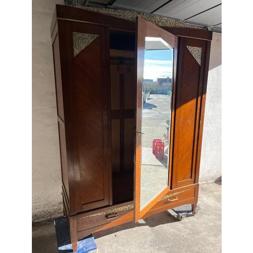 Art Deco Oak Wardrobe with Mirror and Carved Details, 1920s For Sale - Image 3 of 14